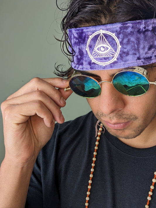 Mystic Eye Headband: Reflective Third Eye, Purple Velvet Hair Wrap