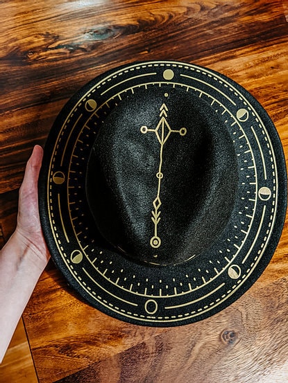 Golden Luna Hat: Black Felt Wide Brim with Moon Phases