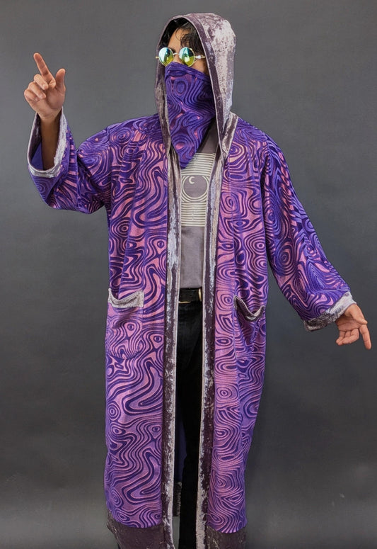 Purple Holographic Psychedelic Swirl Full Length Hooded Duster Kimono Robe