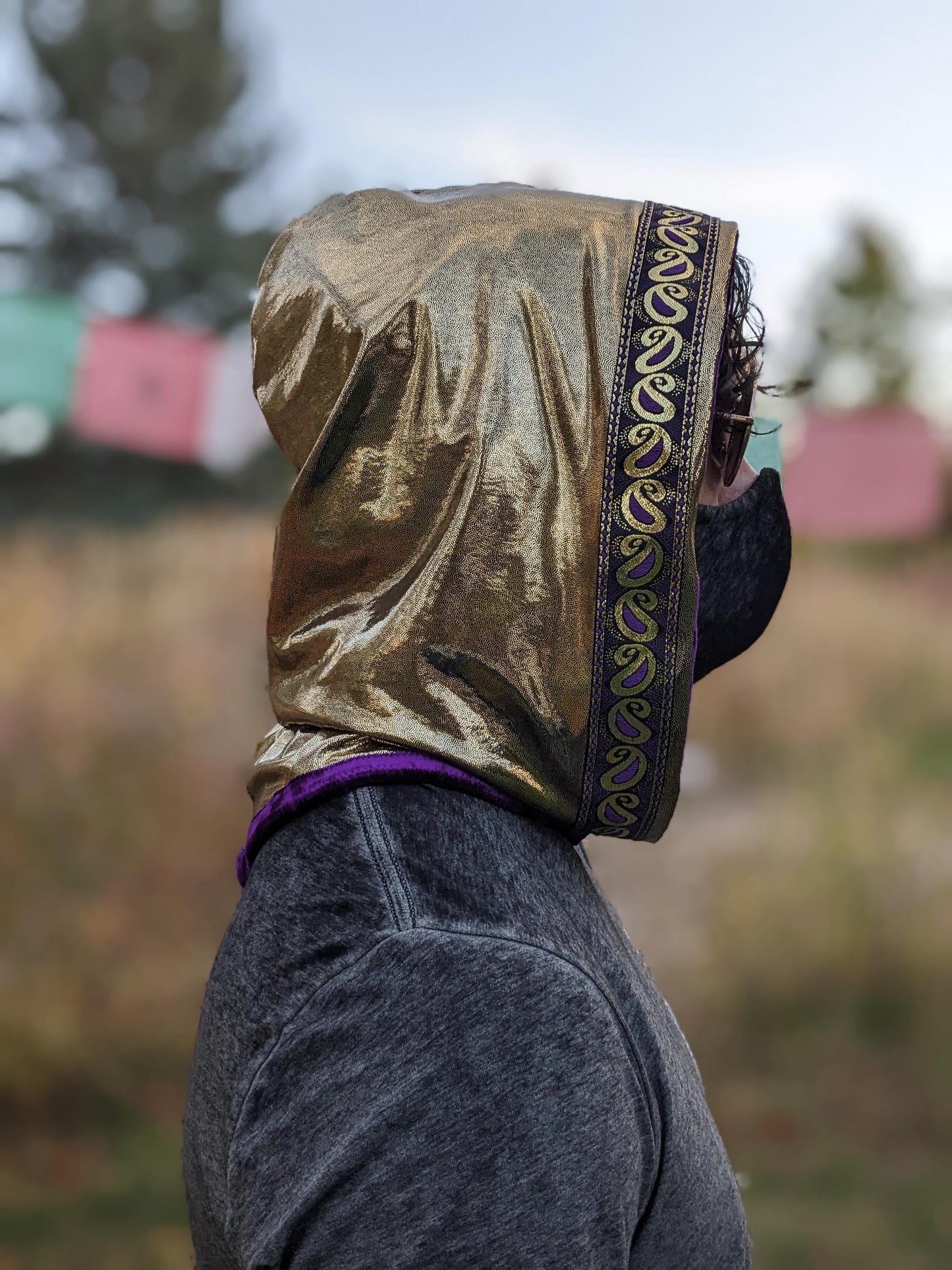 Reversible Velvet Hood with Jacquard Trim