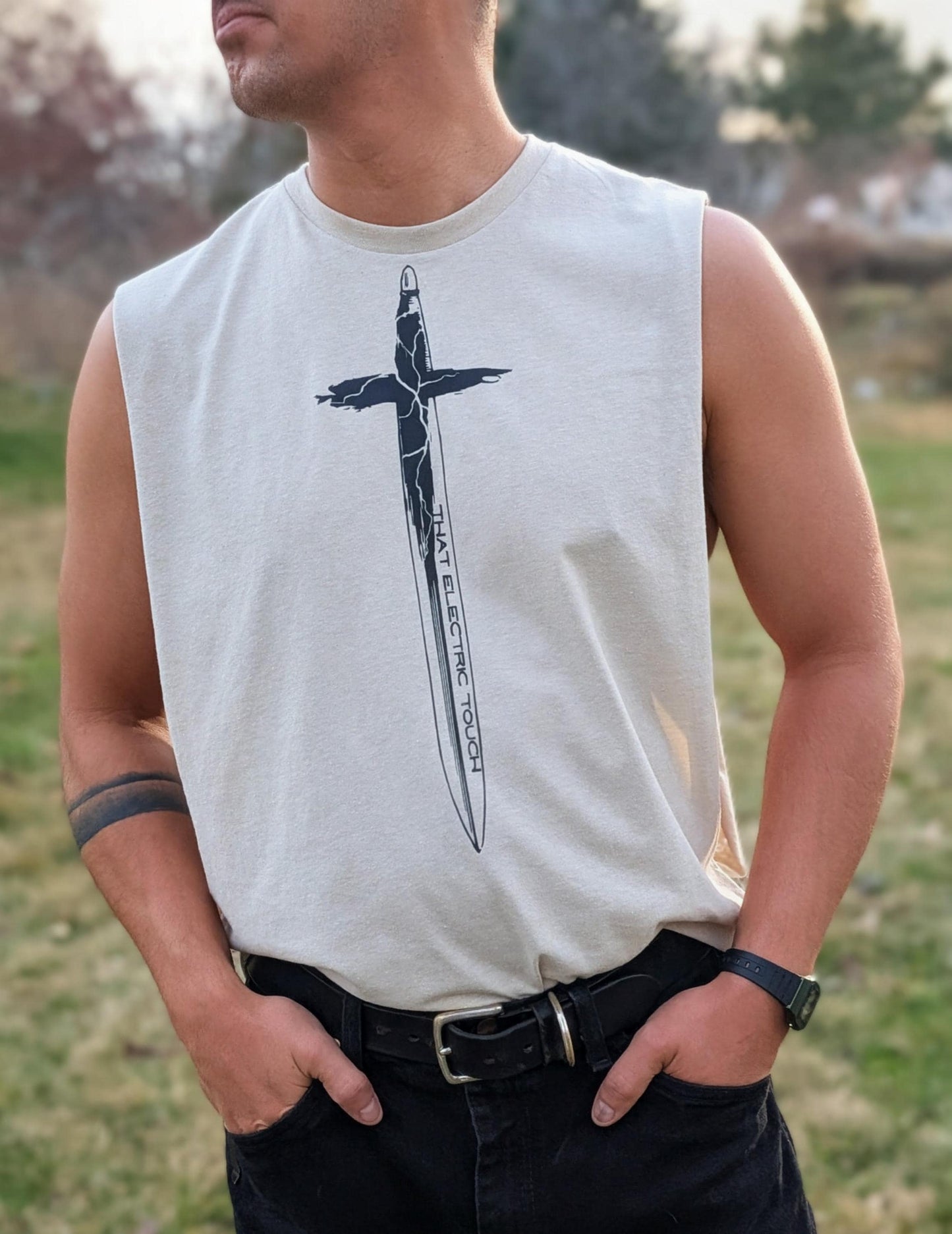 Cross Handle Sword Graphic Shirt Festival Top: That Electric Touch Muscle Tank