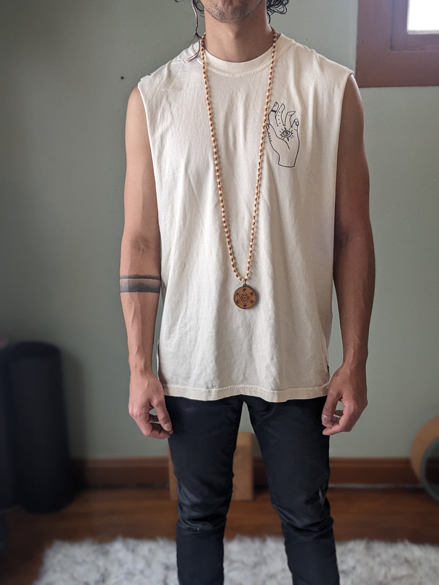 Reflective Om Graphic Cut Off Shirt