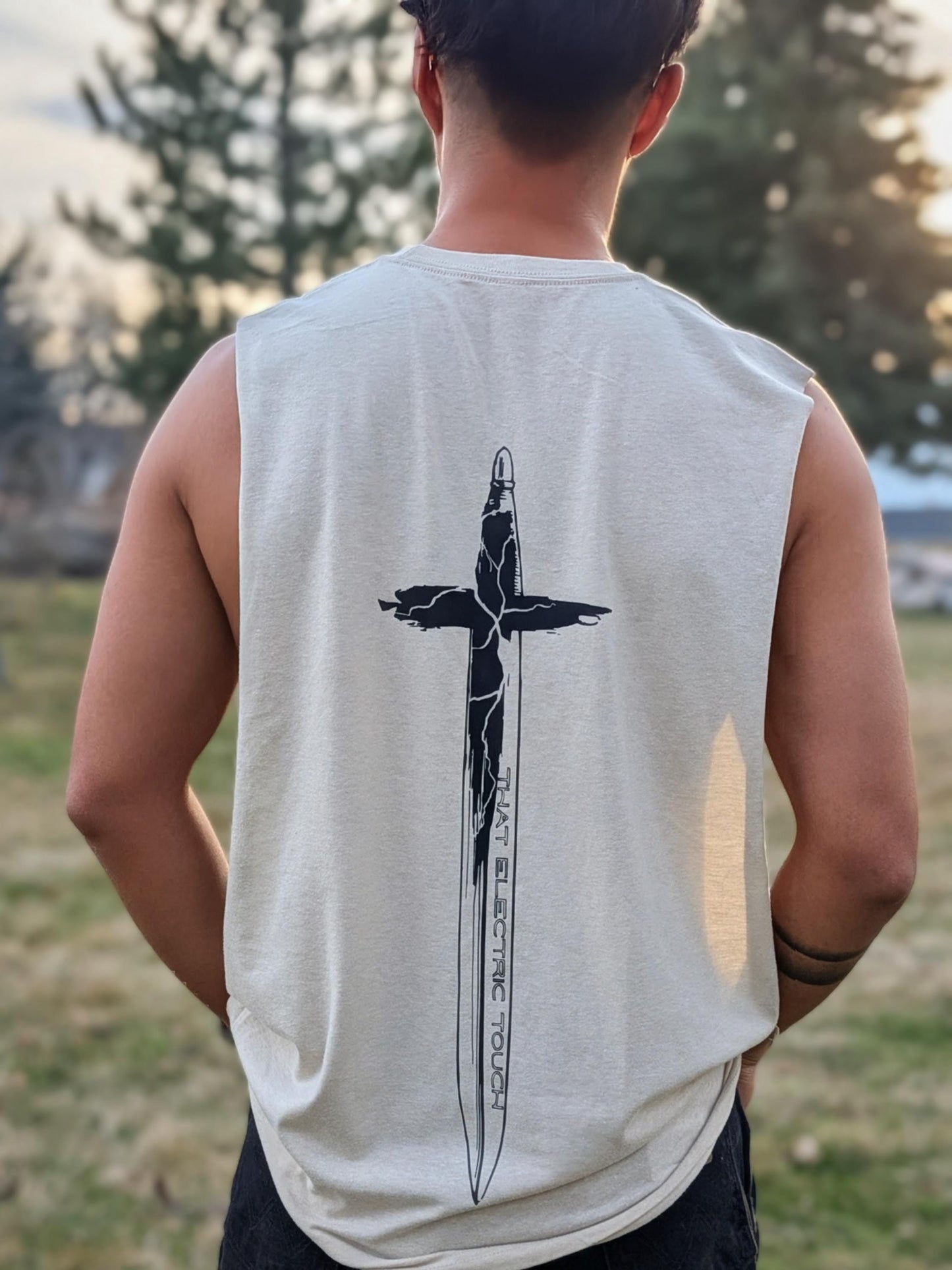 Cross Handle Sword Graphic Shirt Festival Top: That Electric Touch Muscle Tank