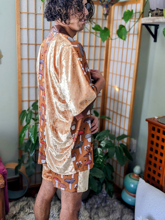 Retro Golden Velvet Mushroom Kimono Set