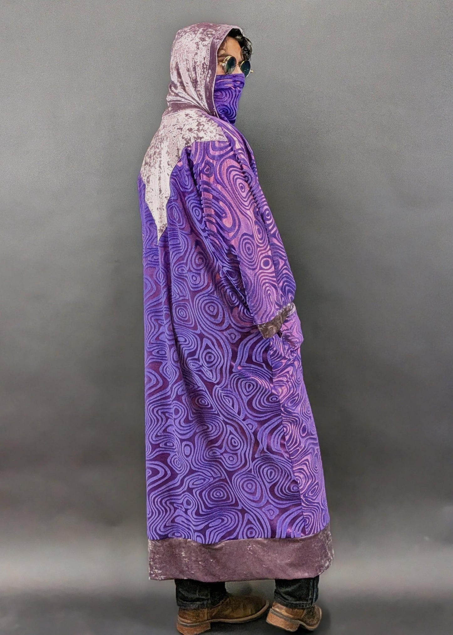 Purple Holographic Psychedelic Swirl Full Length Hooded Duster Kimono Robe