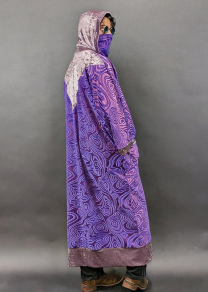 Purple Holographic Psychedelic Swirl Full Length Hooded Duster Kimono Robe