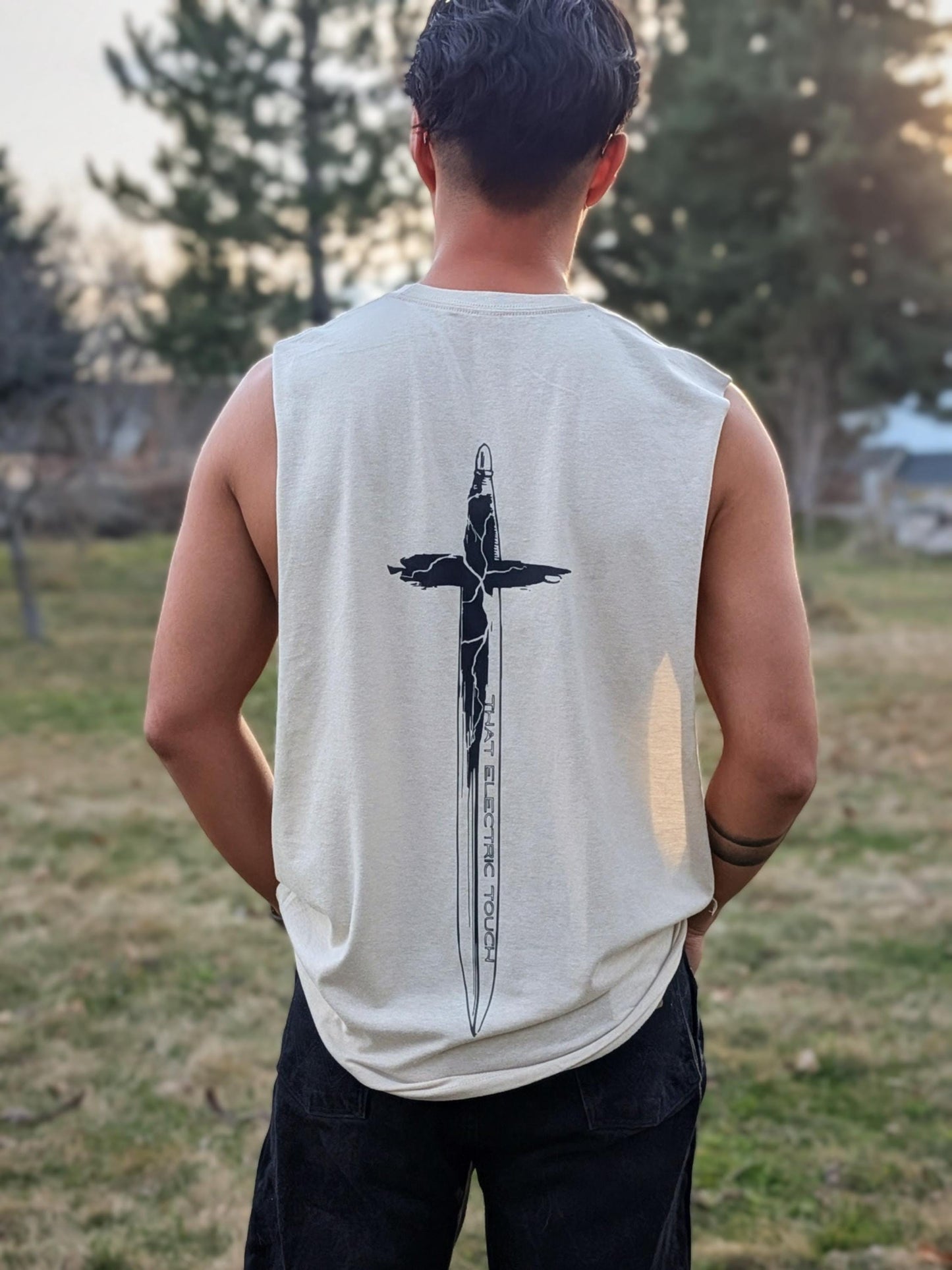 Cross Handle Sword Graphic Shirt Festival Top: That Electric Touch Muscle Tank