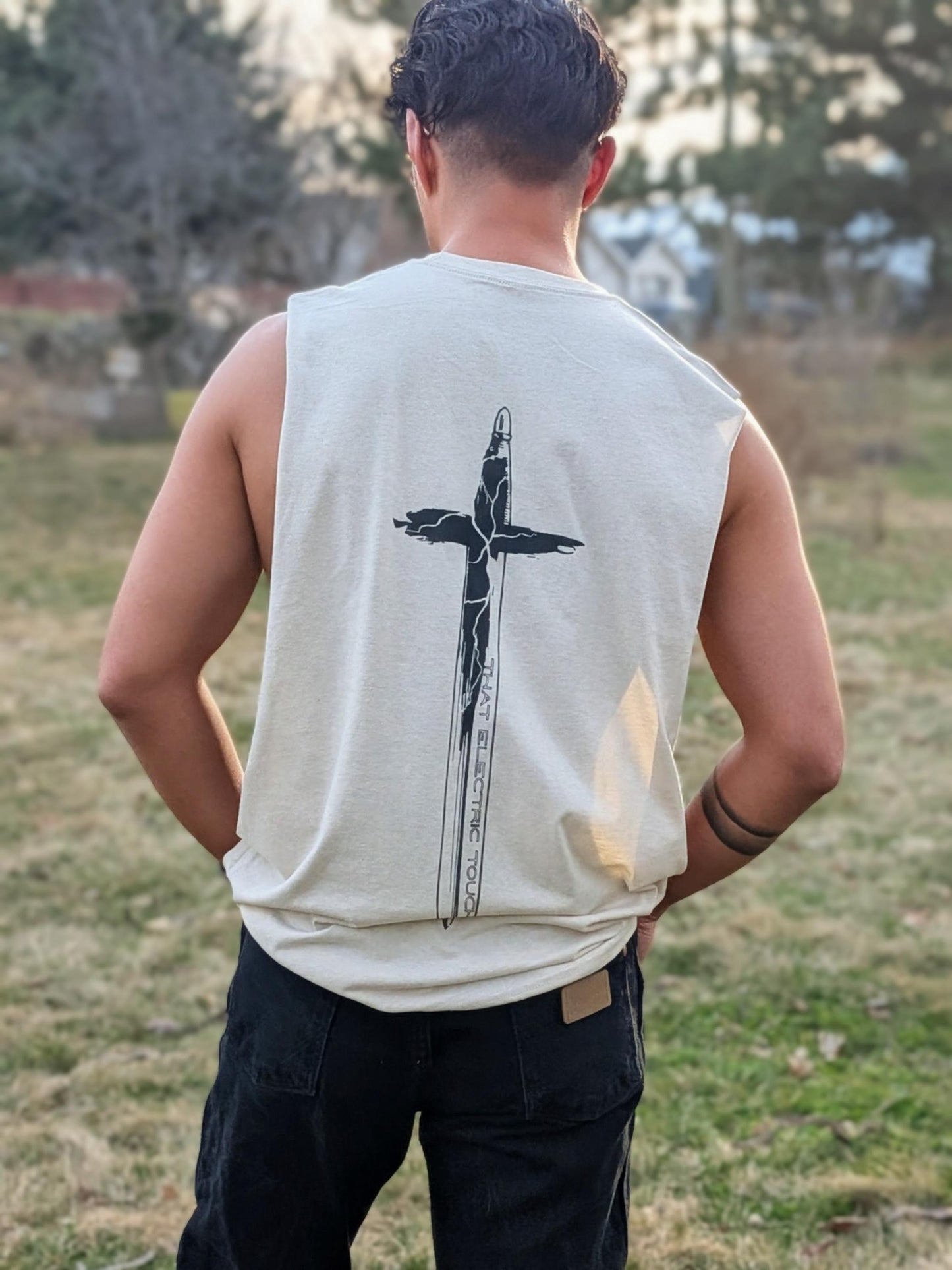 Cross Handle Sword Graphic Shirt Festival Top: That Electric Touch Muscle Tank