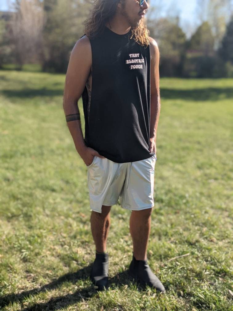 Silver Holographic Rave Shorts: Men's Iridescent Drawstring Shorts