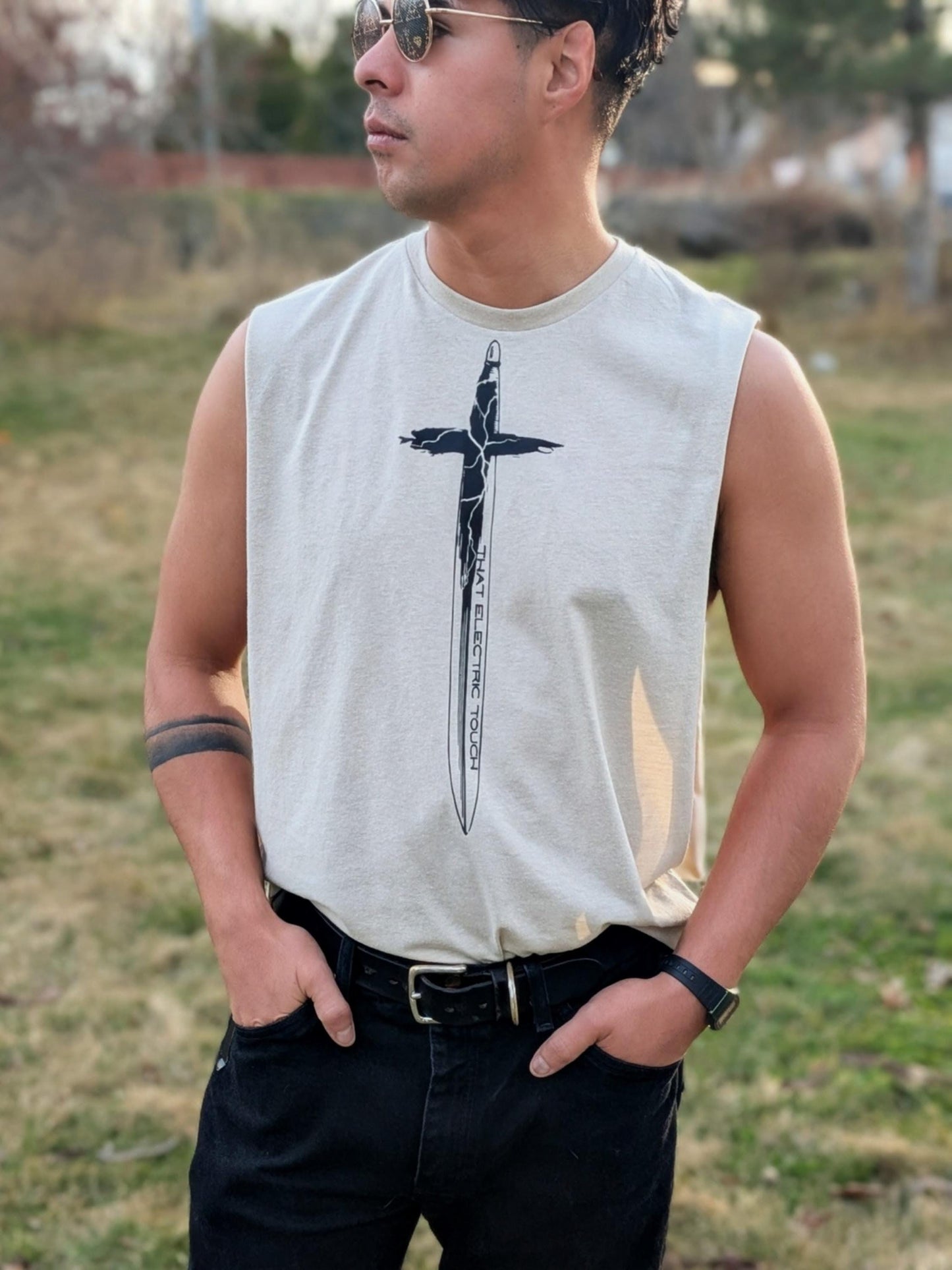 Cross Handle Sword Graphic Shirt Festival Top: That Electric Touch Muscle Tank