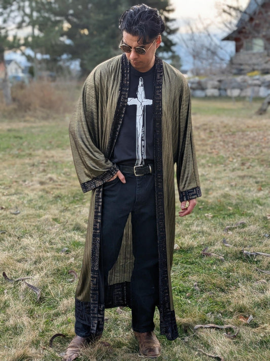 Sheer Gold Metallic Full Length Duster Kimono Robe