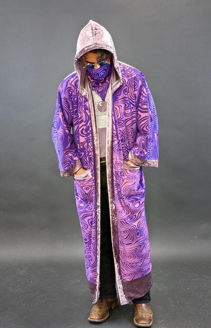 Purple Holographic Psychedelic Swirl Full Length Hooded Duster Kimono Robe