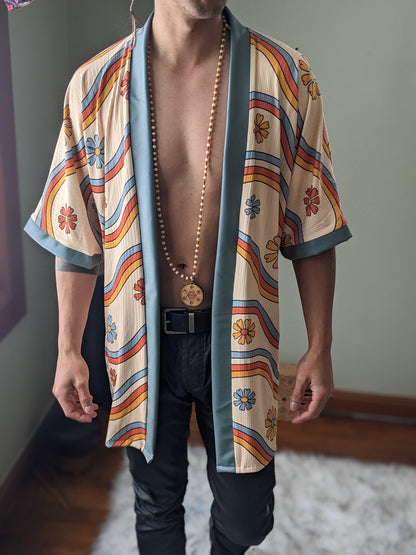 Retro Rainbow Rib Knit Kimono