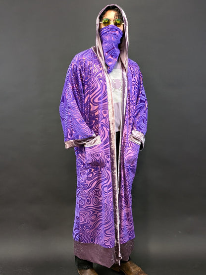 Purple Holographic Psychedelic Swirl Full Length Hooded Duster Kimono Robe