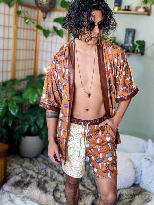 Retro Golden Velvet Mushroom Kimono Set