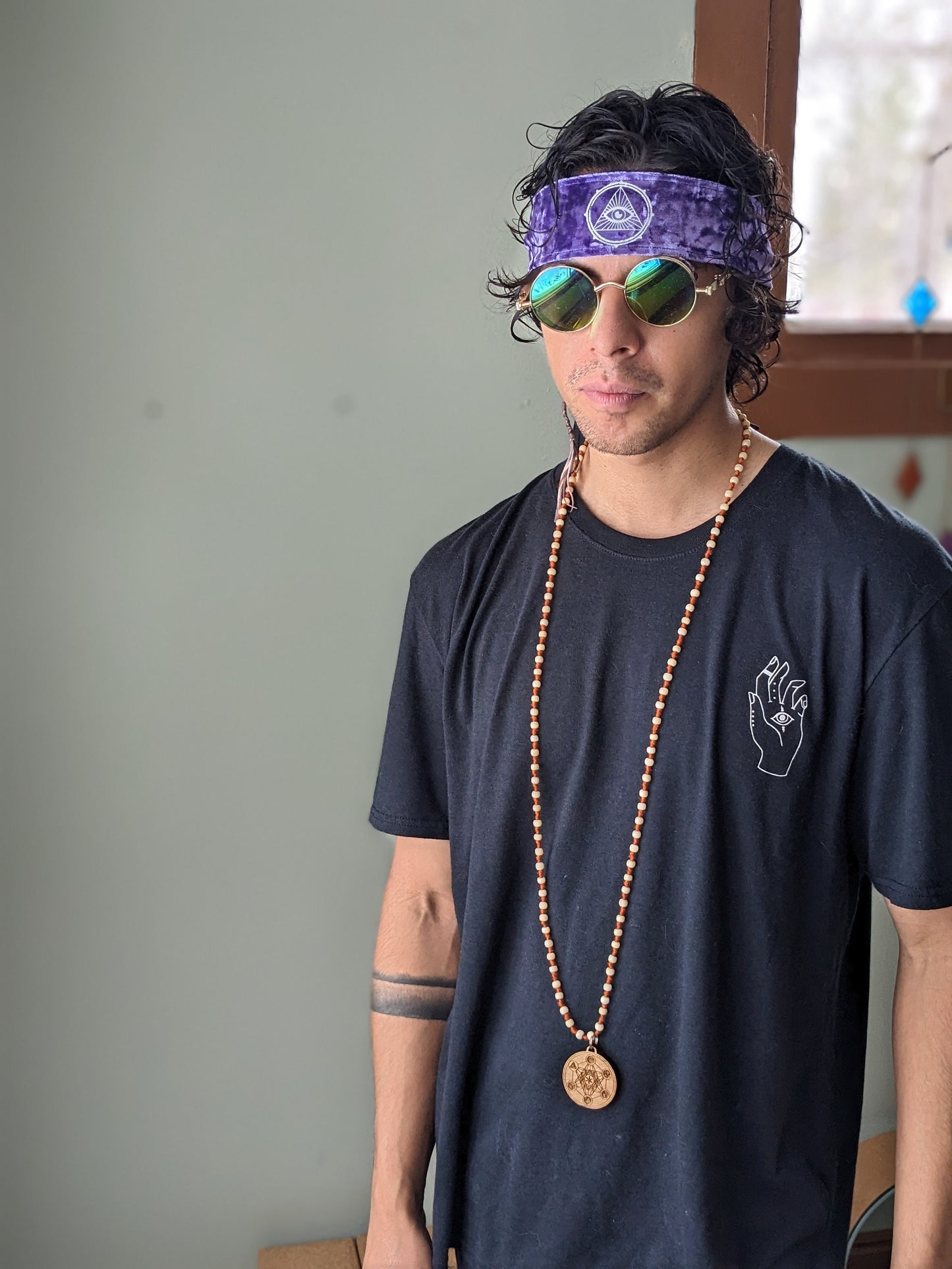 Mystic Eye Headband: Reflective Third Eye, Purple Velvet Hair Wrap