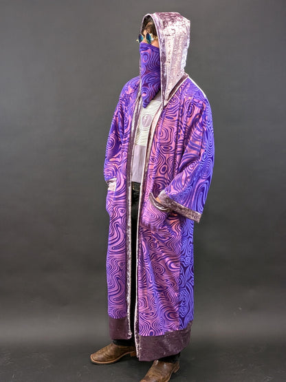 Purple Holographic Psychedelic Swirl Full Length Hooded Duster Kimono Robe