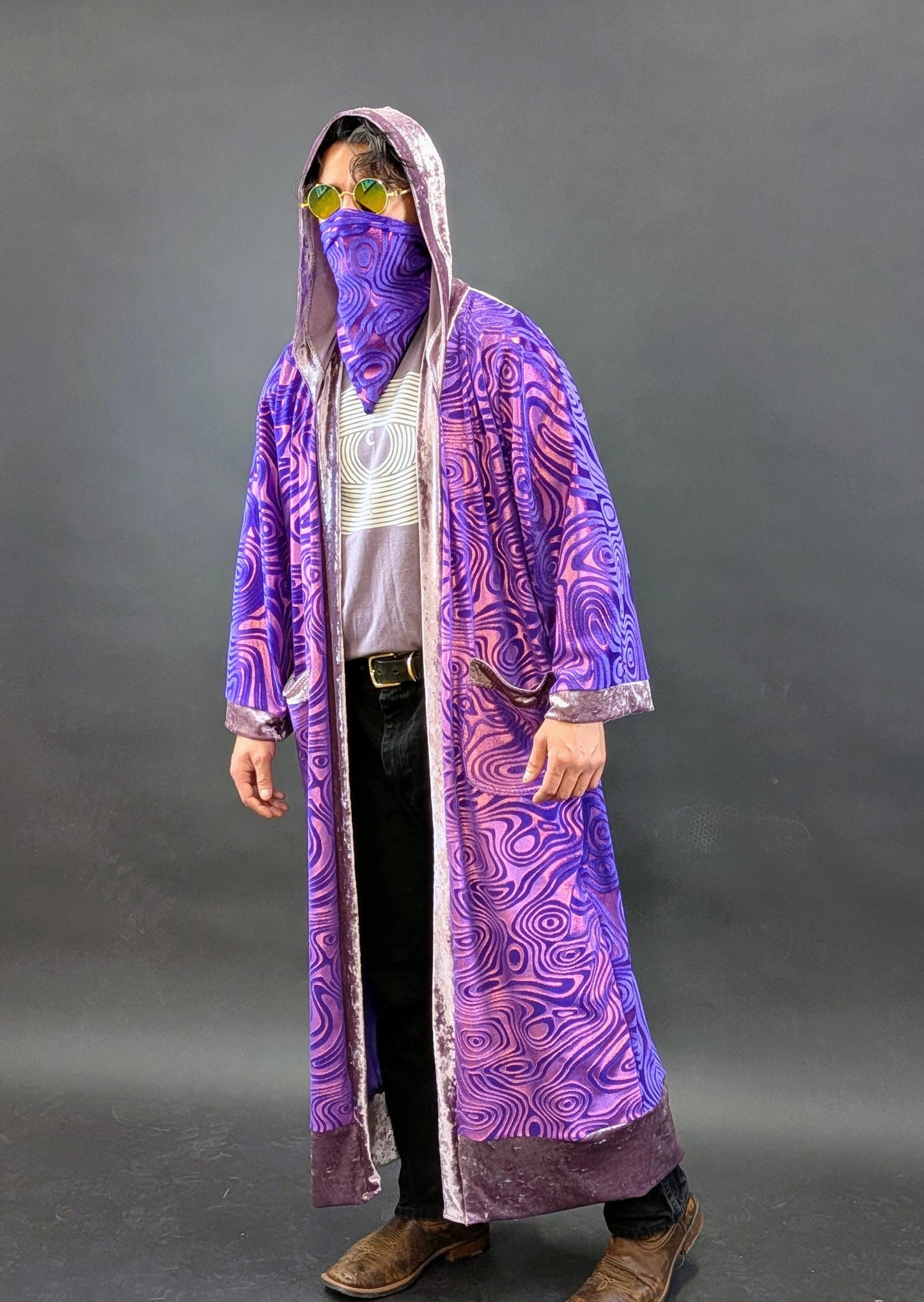 Purple Holographic Psychedelic Swirl Full Length Hooded Duster Kimono Robe