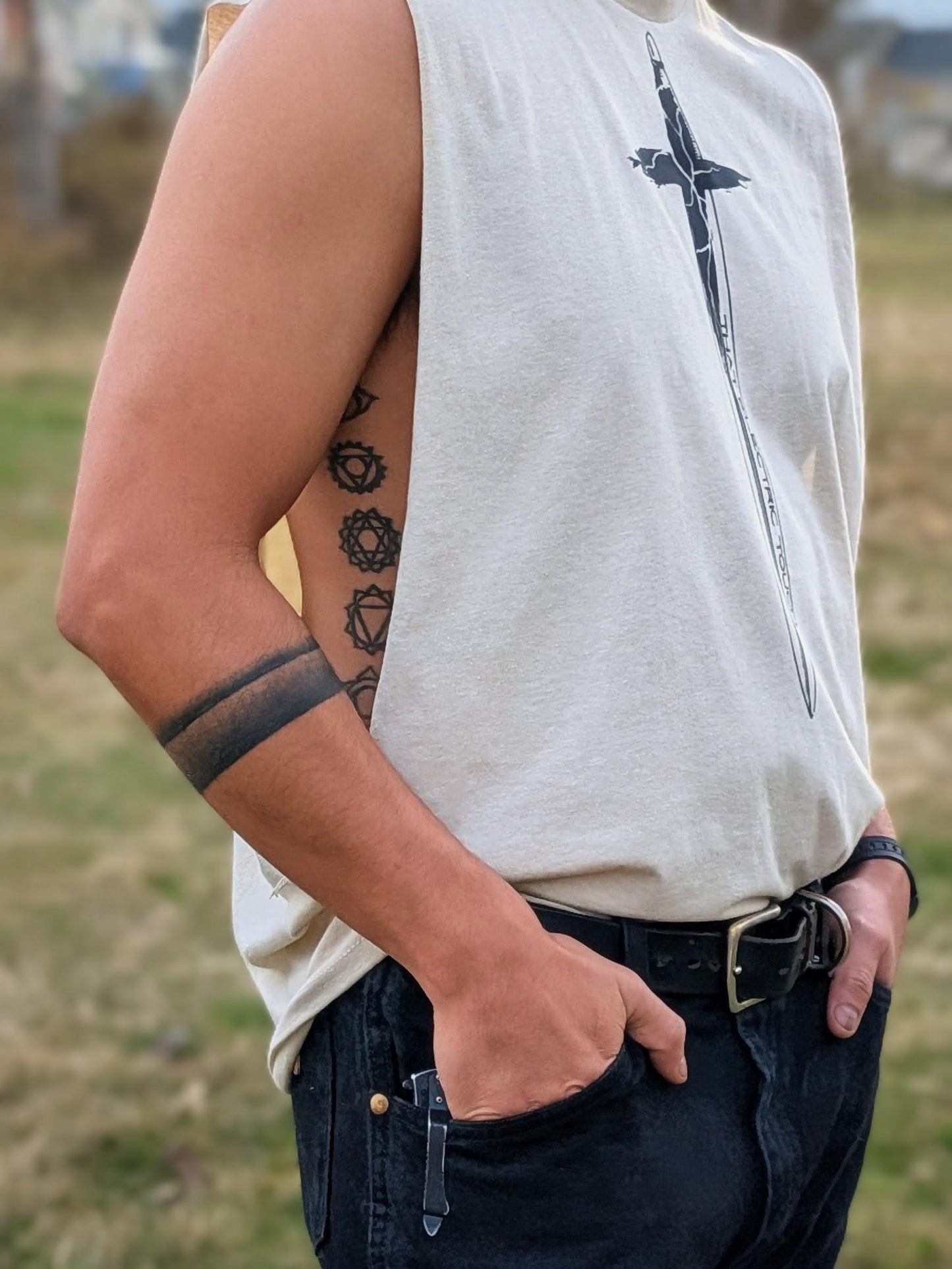 Cross Handle Sword Graphic Shirt Festival Top: That Electric Touch Muscle Tank
