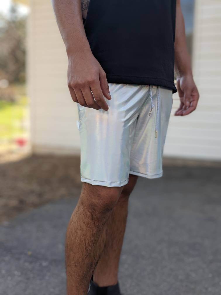 Silver Holographic Rave Shorts: Men's Iridescent Drawstring Shorts