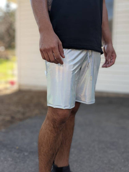 Silver Holographic Rave Shorts: Men's Iridescent Drawstring Shorts