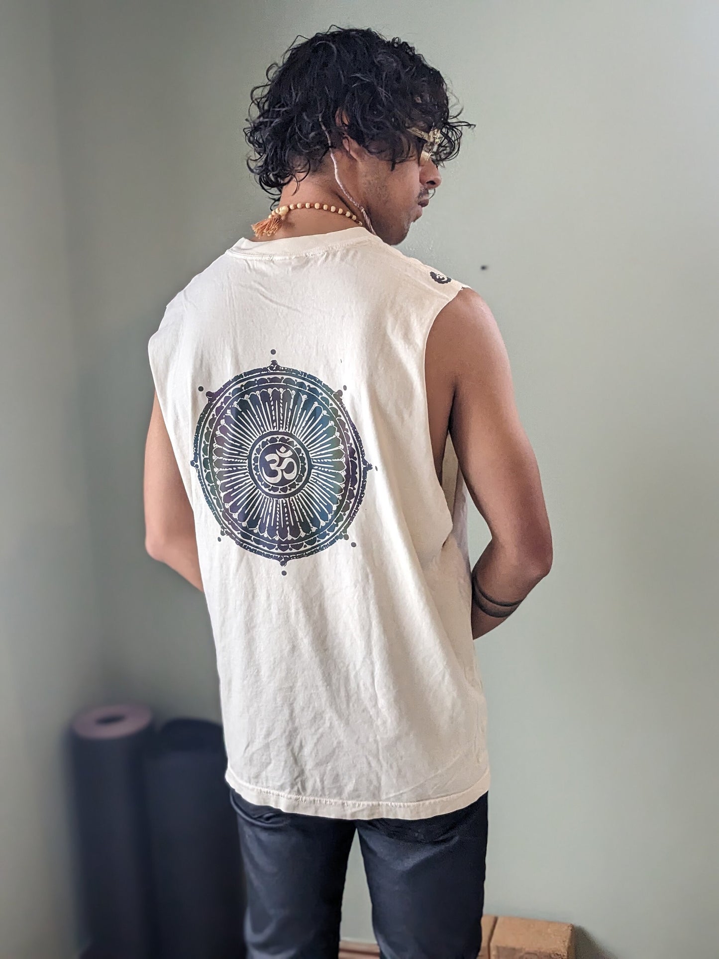 Reflective Om Graphic Cut Off Shirt
