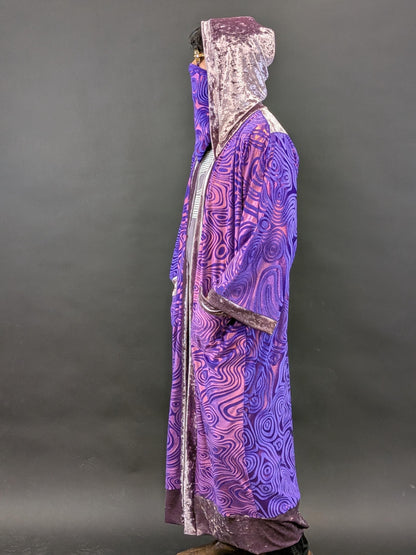 Purple Holographic Psychedelic Swirl Full Length Hooded Duster Kimono Robe