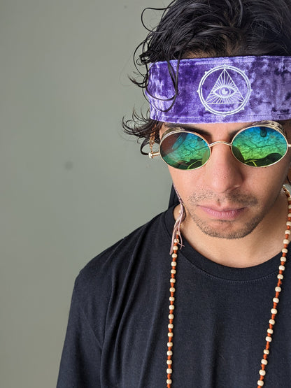 Mystic Eye Headband: Reflective Third Eye, Purple Velvet Hair Wrap