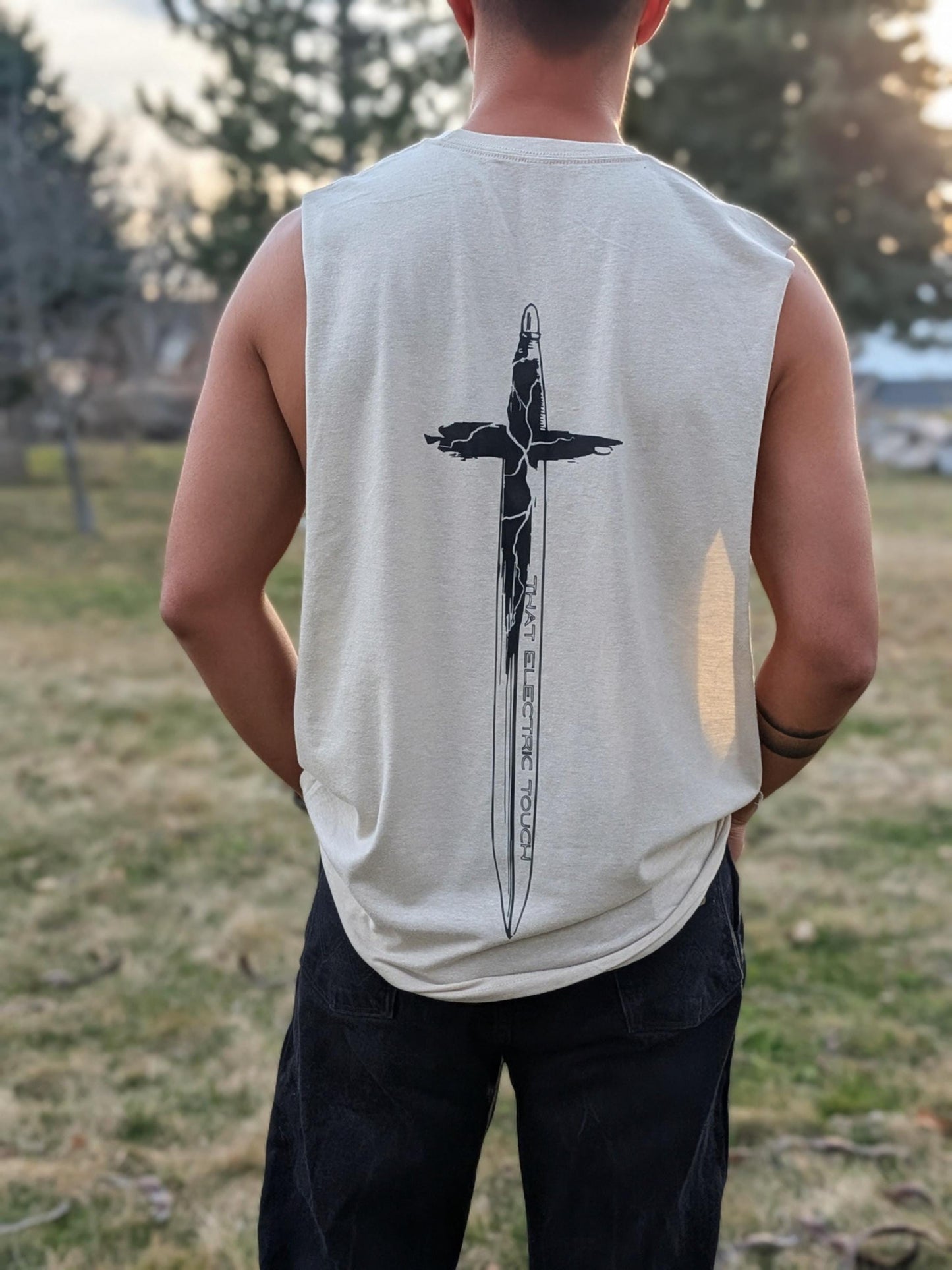 Cross Handle Sword Graphic Shirt Festival Top: That Electric Touch Muscle Tank
