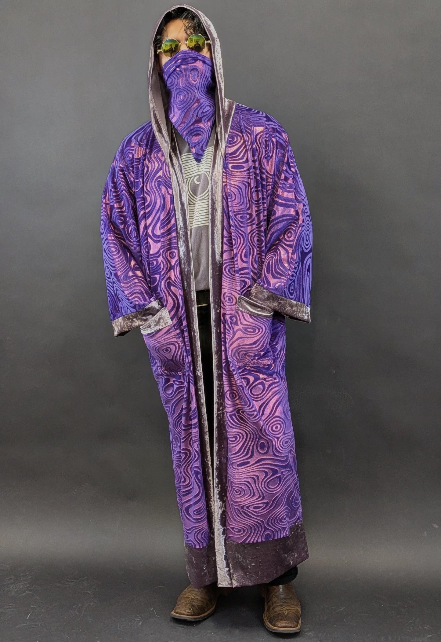 Purple Holographic Psychedelic Swirl Full Length Hooded Duster Kimono Robe