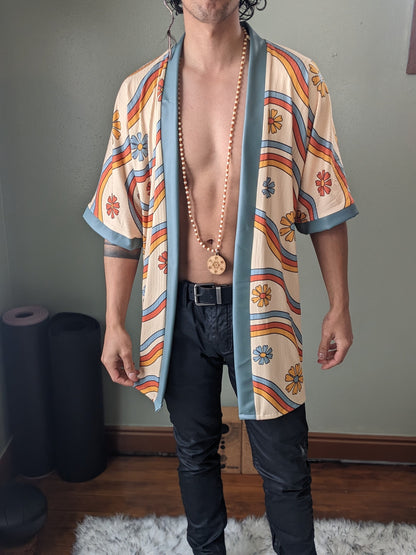 Retro Rainbow Rib Knit Kimono