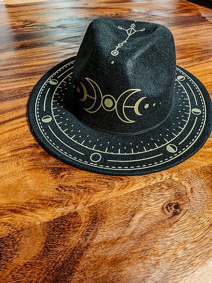 Golden Luna Hat: Black Felt Wide Brim with Moon Phases
