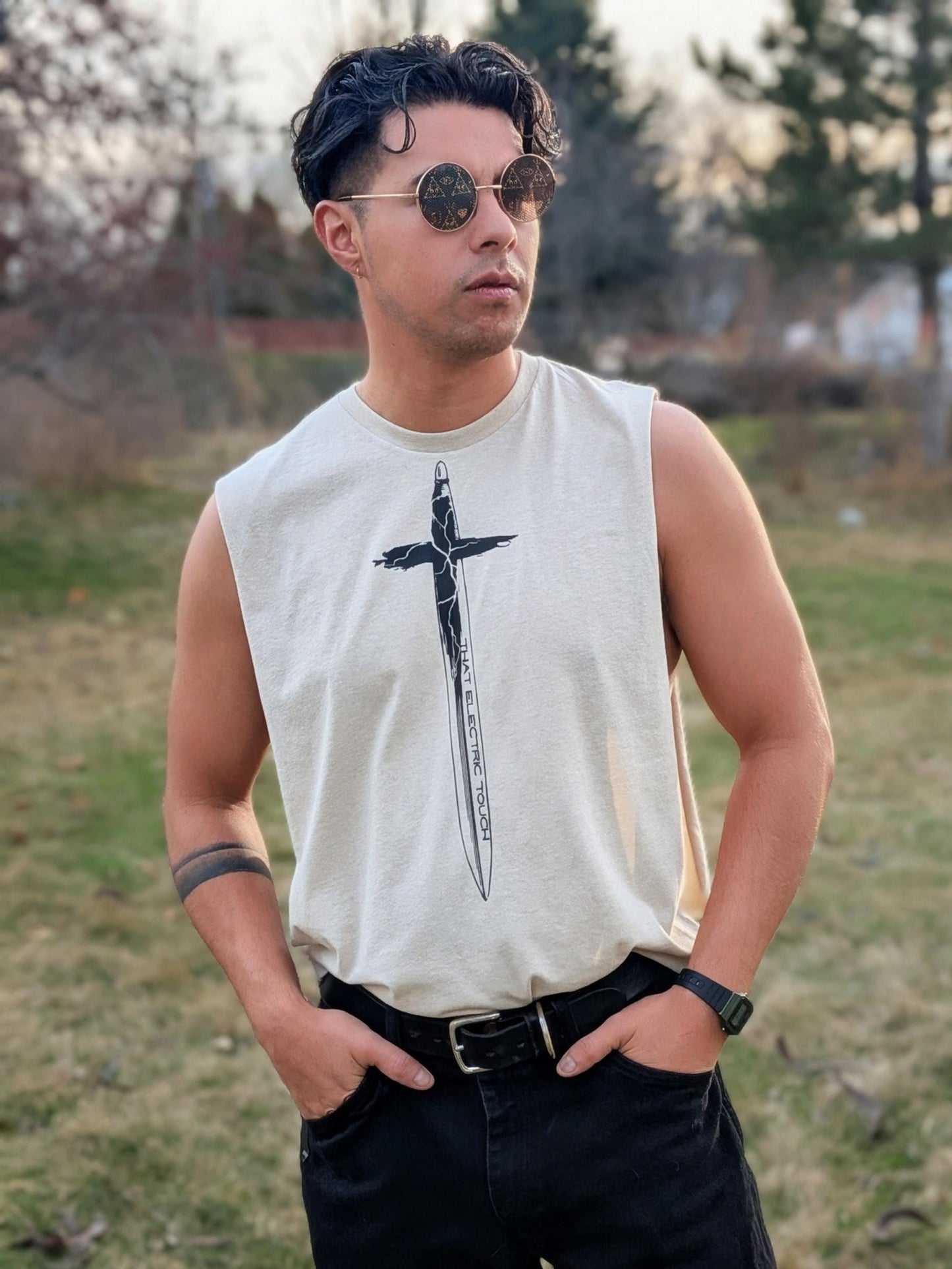Cross Handle Sword Graphic Shirt Festival Top: That Electric Touch Muscle Tank