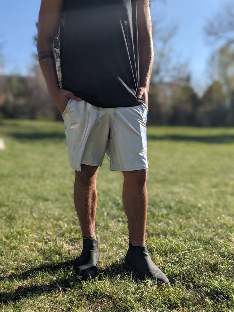 Silver Holographic Rave Shorts: Men's Iridescent Drawstring Shorts