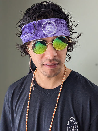 Mystic Eye Headband: Reflective Third Eye, Purple Velvet Hair Wrap