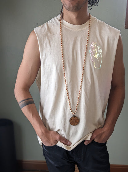 Reflective Om Graphic Cut Off Shirt