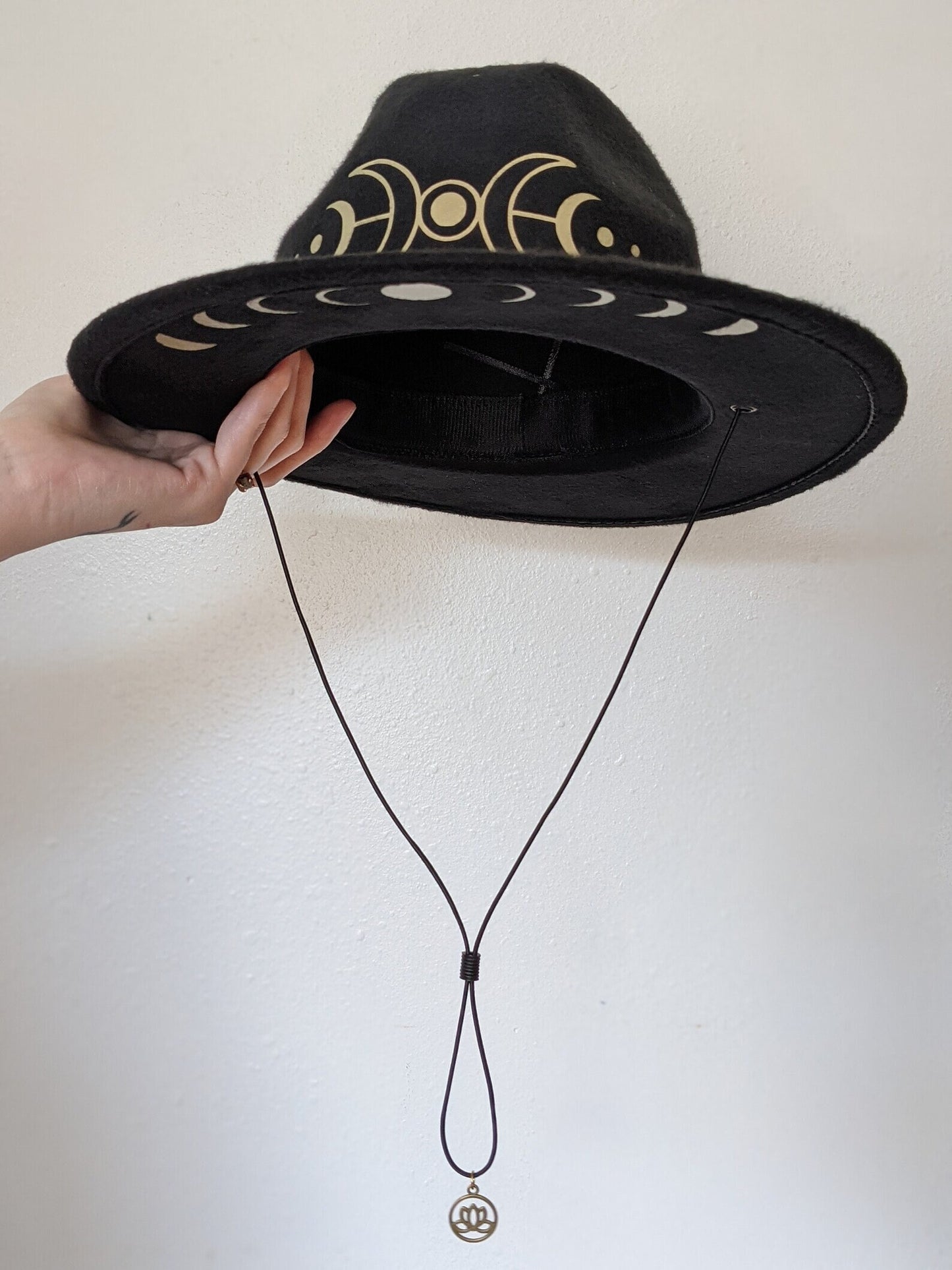 Golden Luna Hat: Black Felt Wide Brim with Moon Phases