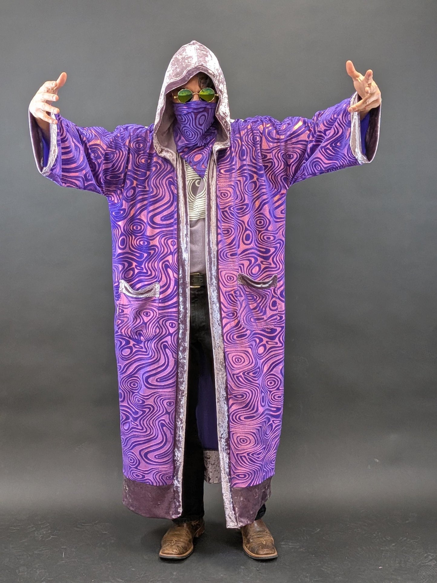 Purple Holographic Psychedelic Swirl Full Length Hooded Duster Kimono Robe