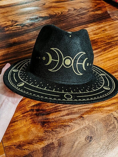 Golden Luna Hat: Black Felt Wide Brim with Moon Phases