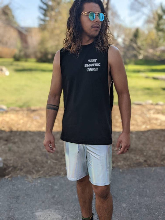 Silver Holographic Rave Shorts: Men's Iridescent Drawstring Shorts