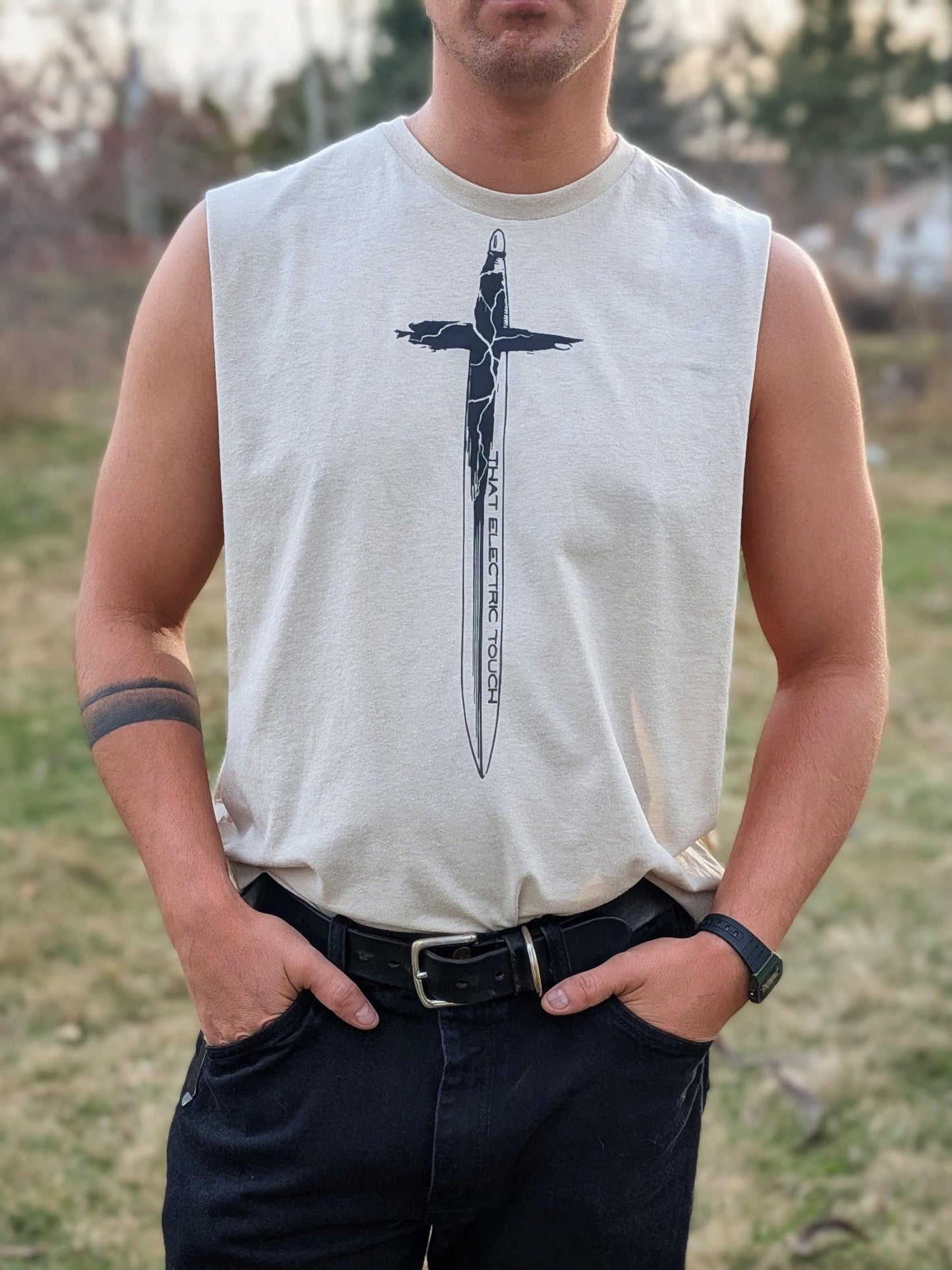 Cross Handle Sword Graphic Shirt Festival Top: That Electric Touch Muscle Tank