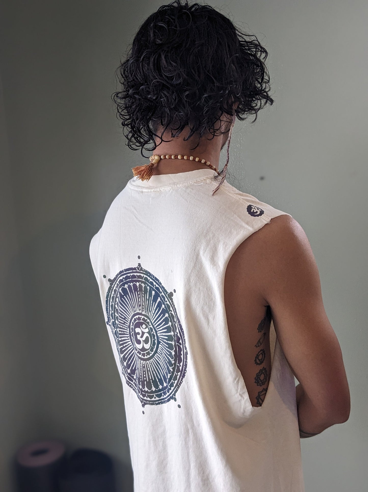 Reflective Om Graphic Cut Off Shirt