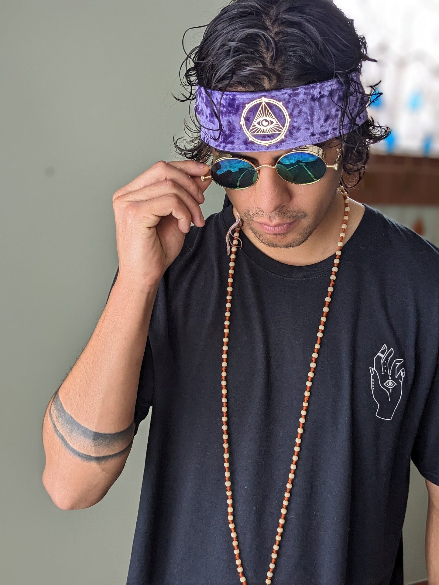 Mystic Eye Headband: Reflective Third Eye, Purple Velvet Hair Wrap
