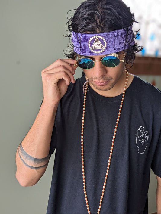 Mystic Eye Headband: Reflective Third Eye, Purple Velvet Hair Wrap