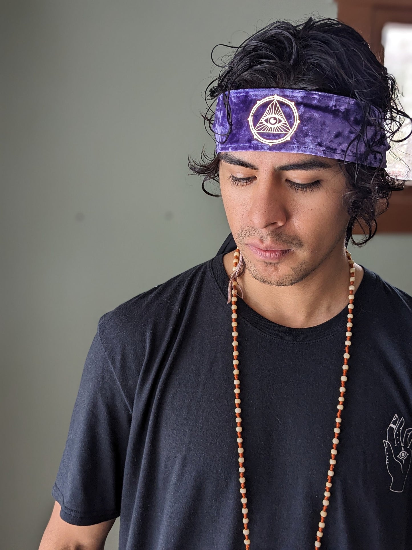 Mystic Eye Headband: Reflective Third Eye, Purple Velvet Hair Wrap