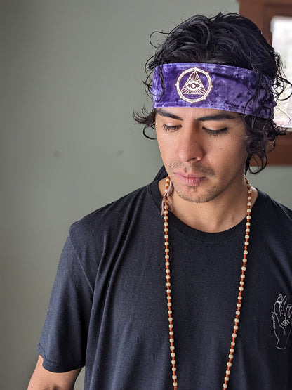 Mystic Eye Headband: Reflective Third Eye, Purple Velvet Hair Wrap
