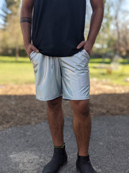 Silver Holographic Rave Shorts: Men's Iridescent Drawstring Shorts