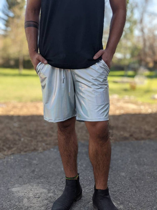Silver Holographic Rave Shorts: Men's Iridescent Drawstring Shorts